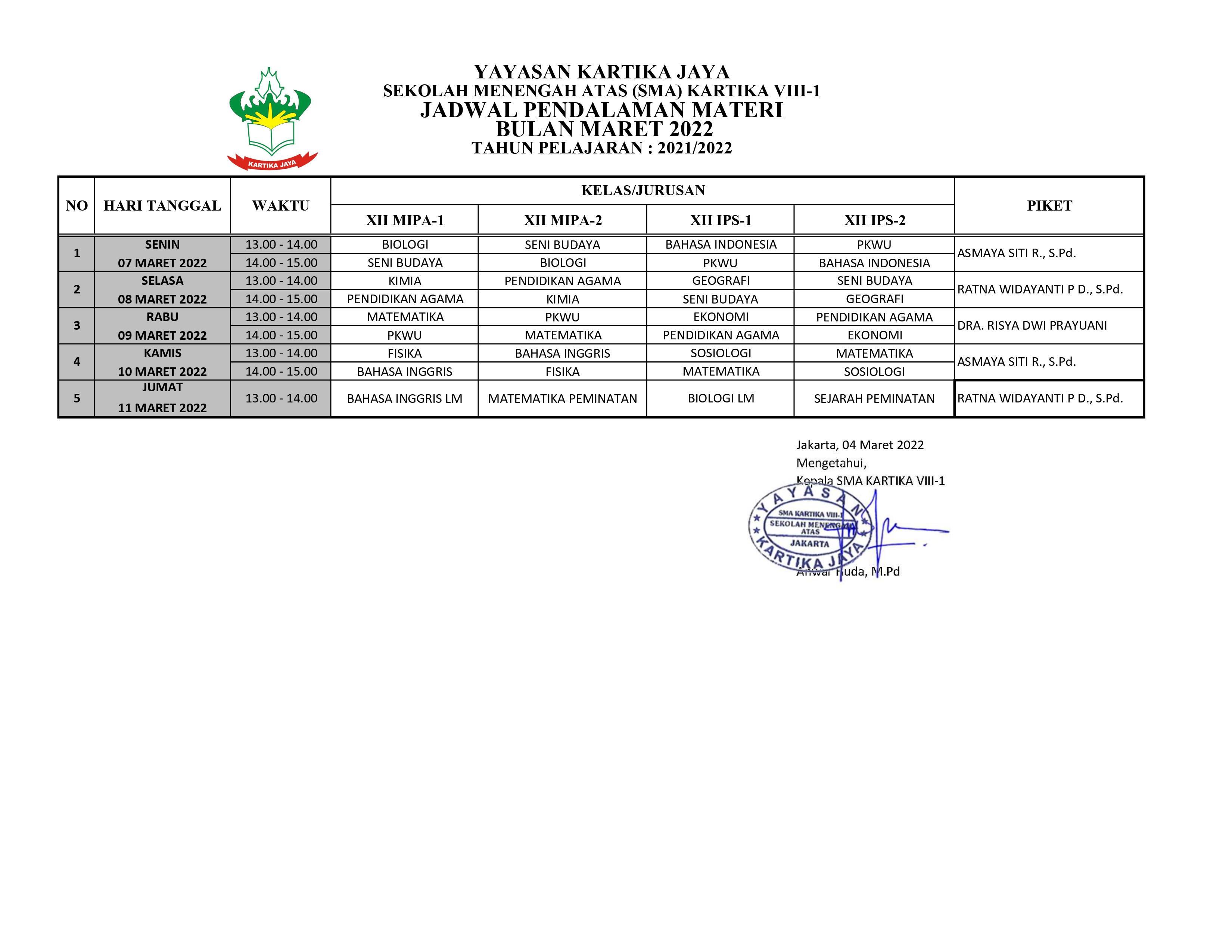 jadwal PM Maret